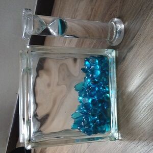 Heavy Glass Vase with Blue Decorative Stones and Hourglass